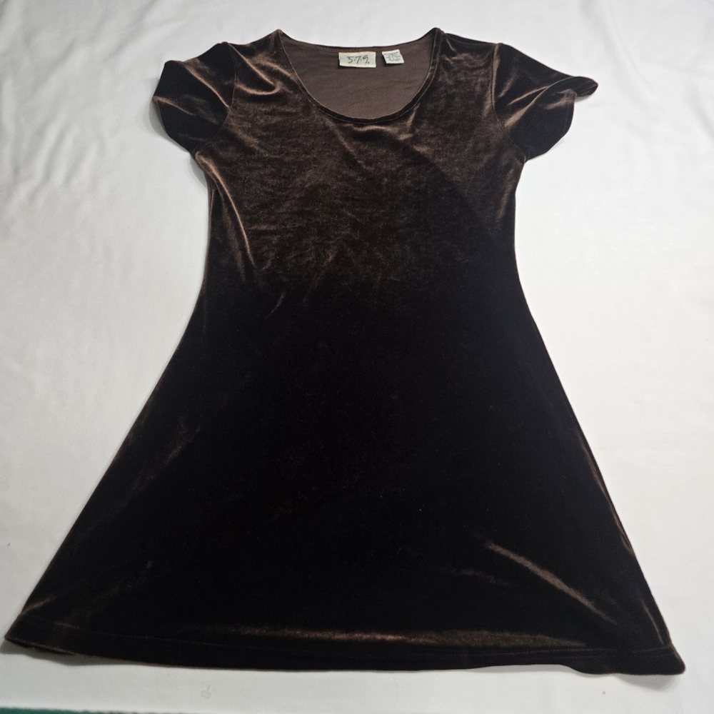 Vintage 90's 5 7 9 Crushed Velvet Brown Dress 579